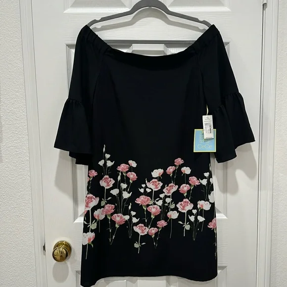 Cece Black Off Shoulder Black & Floral Dress - Picture 1 of 7